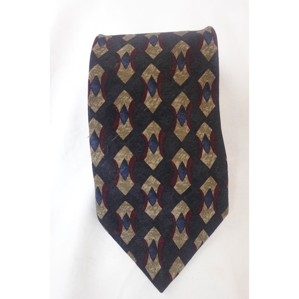 Puritan Tie Black Gold Red Diamond Pattern Vintage 90s‎ Mens Necktie Classic
